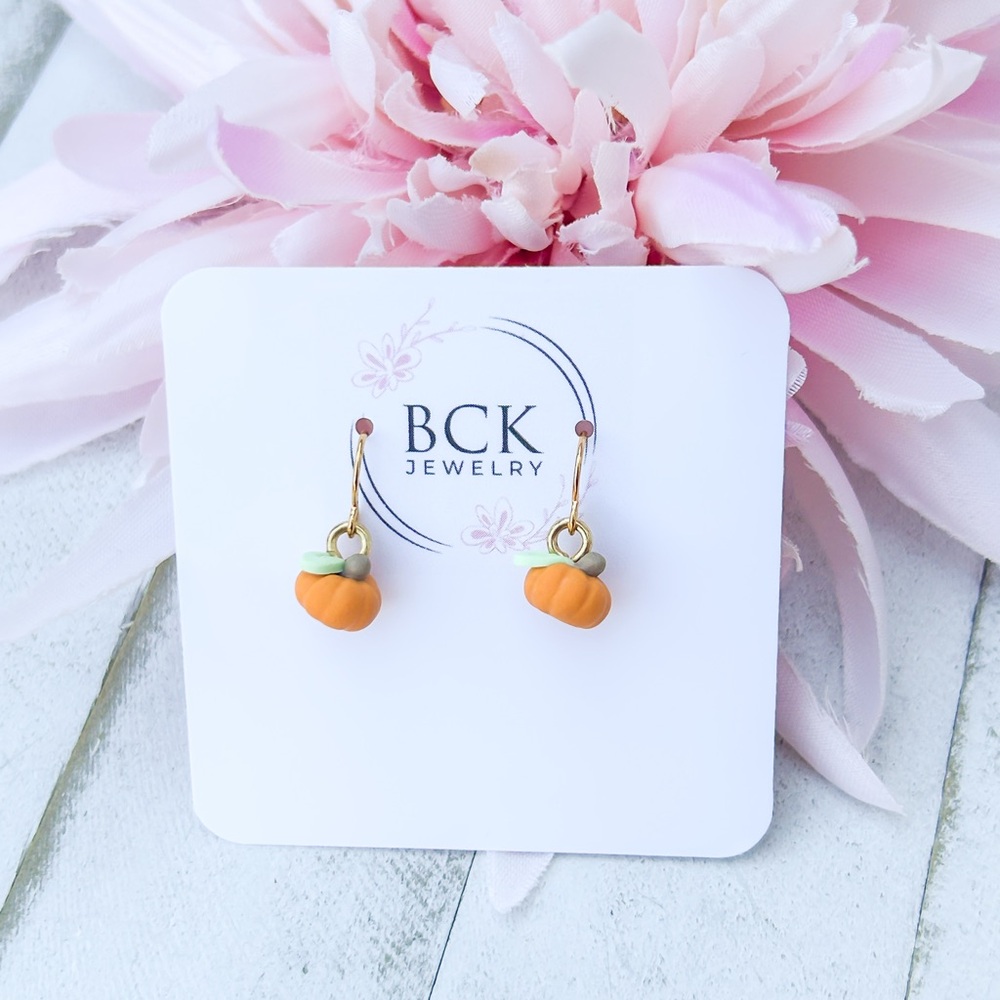 Gold Pumpkin Charm Earrings Handmade polymer clay jewelry